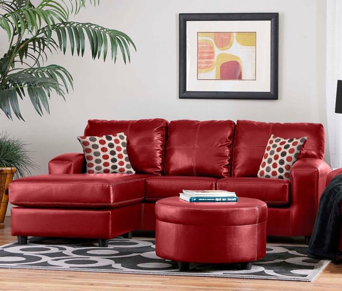 punainen sohva olohuoneen sisustusideoita tyylikäs muotoilu