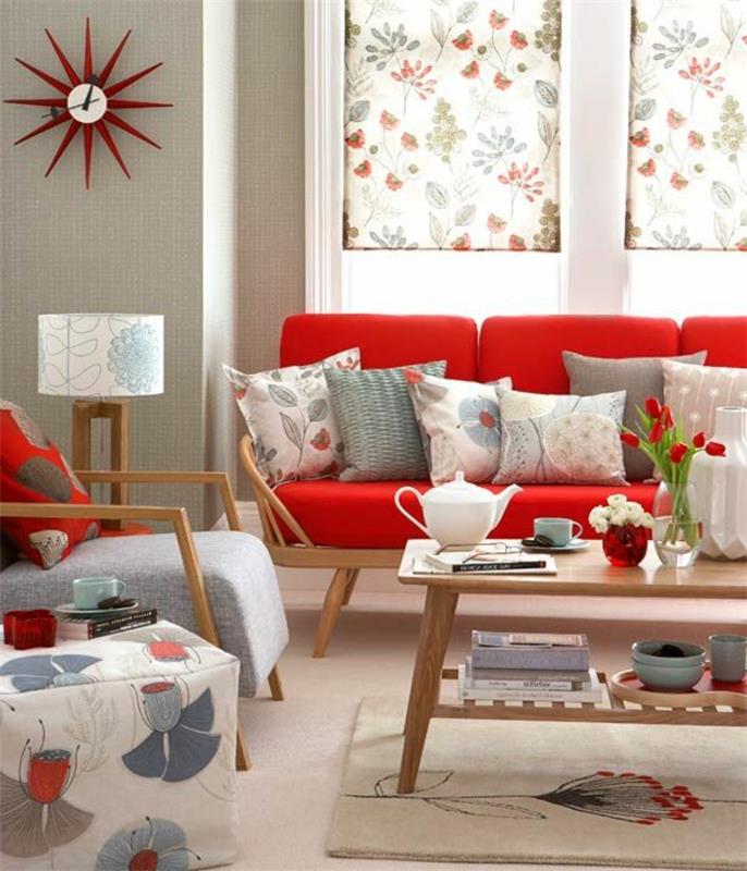 punainen sohva olohuoneen värilliset tyynyt vintage