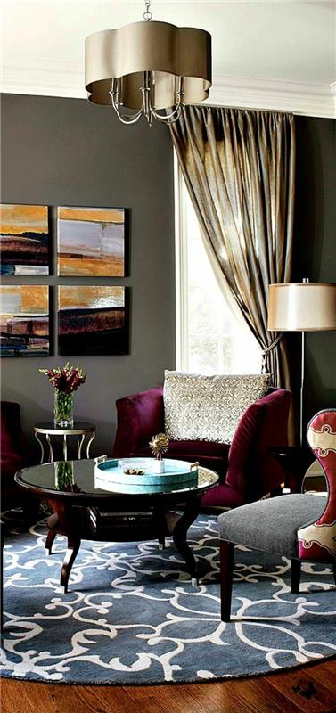 pyöreät matot olohuone violetti sohvat seinä sisustus kuvia