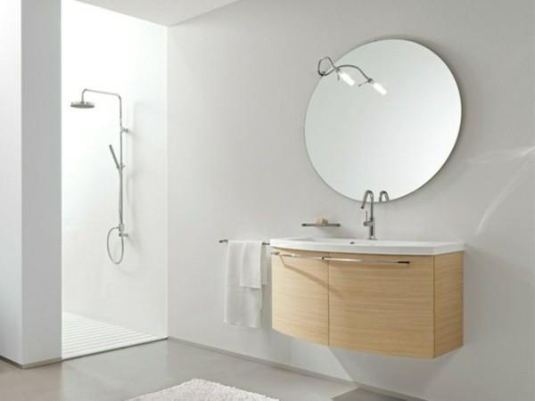 pyöreä kylpyhuoneen peili moderni kylpyhuoneen muotoilu vaalea puu alaosa