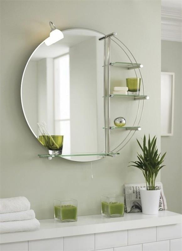 pyöreä kylpyhuoneen peili moderni muotoilu säilytystilaa vaaleanvihreä seinän väri