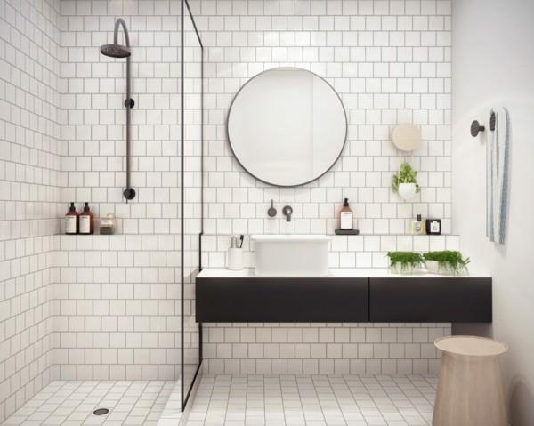 pyöreä kylpyhuoneen peili valkoiset seinälaatat suihku lasiseinäinen sivupöytä