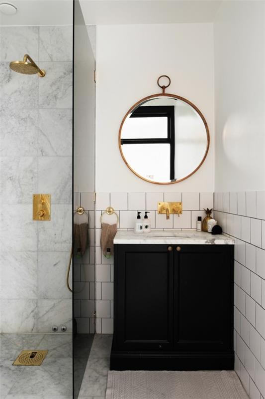 pyöreä kylpyhuoneen peili musta alaosa valkoinen kylpyhuoneen laatat