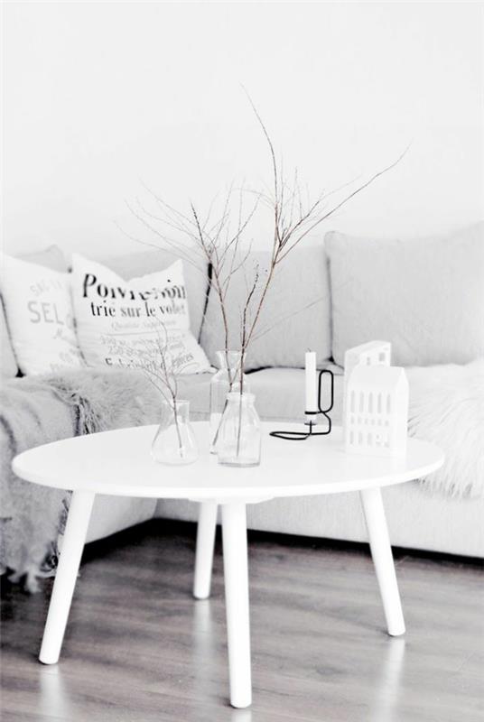 pyöreä sohvapöytä puu valkoinen olohuoneen sisustusideoita