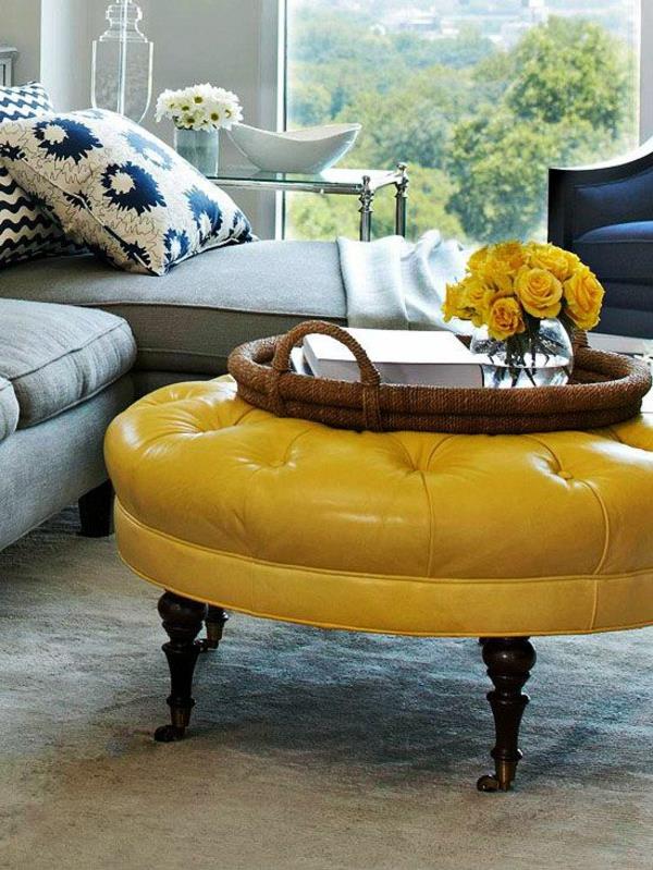 pyöreä sohvapöytä nahkapehmustettu keltainen olohuoneen kalustus