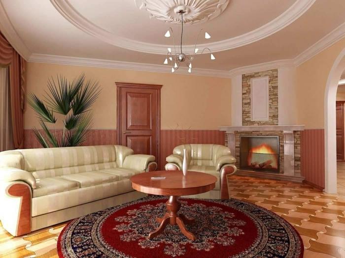 pyöreä matto olohuone värillinen olohuone huonekalut kasvi takka