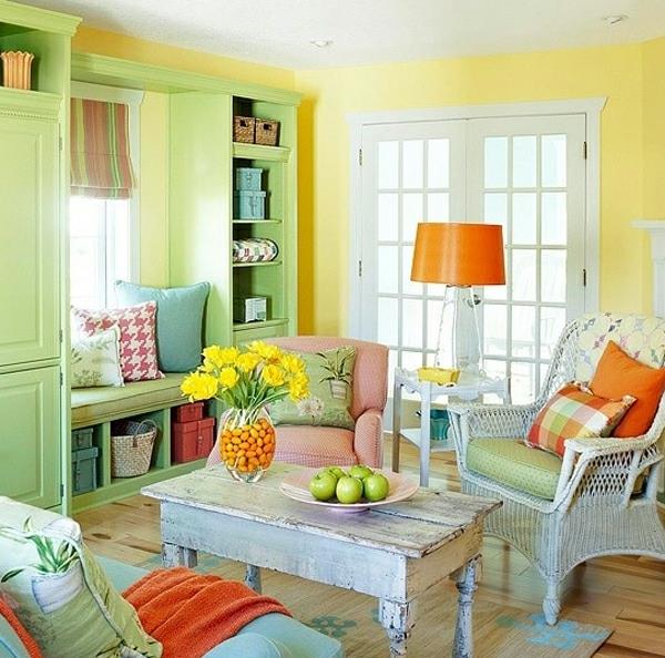 maalaismainen vintage olohuone sisustus värikkäitä seinän värejä olohuone