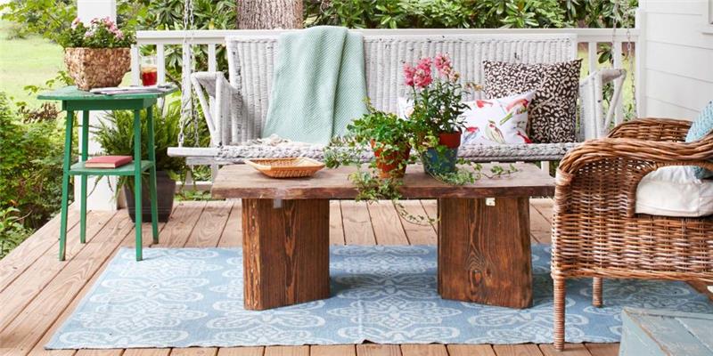 maalaismainen sisustus puutarhakalusteet vihreä sivupöytä tuore matto