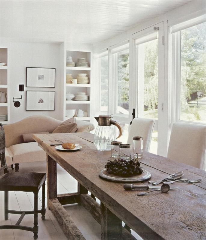 maalaismainen huonekalut ruokasali ruokapöytä avoin olohuone sohva