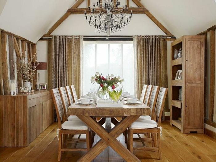 maalaismainen huonekalut ruokasali suunnittelu ruokapöytä massiivipuuta tuolit