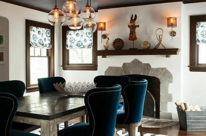 maalaismainen huonekalut ruokasali suunnittelu ruokapöytä puu verhoiltu nojatuoli sininen