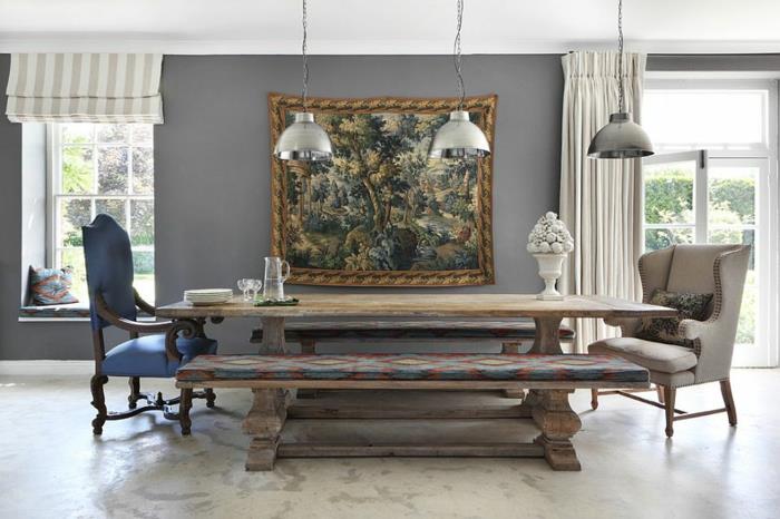 maalaismainen huonekalut ruokasali puinen penkki nojatuoli ruokapöytä puu