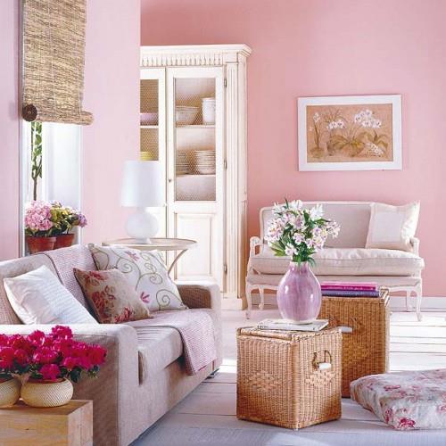 maalaismainen olohuoneen suunnitteluideat vaaleanpunaiset seinät