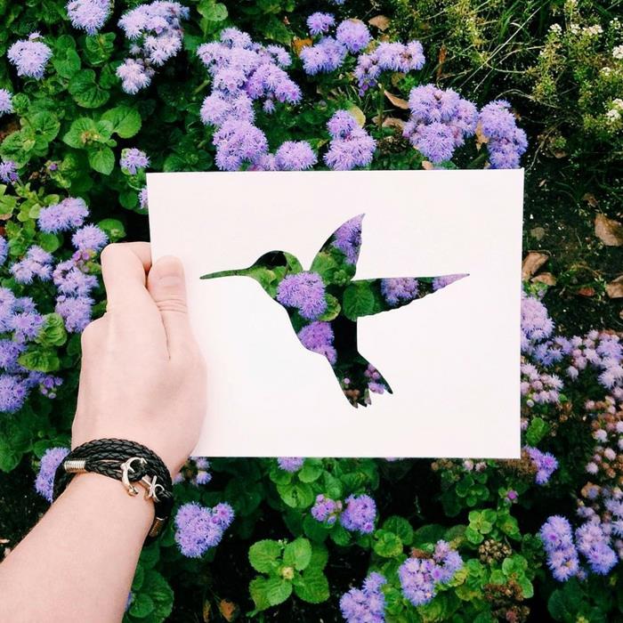 Paperilla leikatut violetit kukat lintu kolibri
