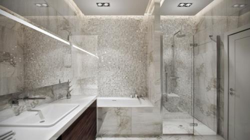 tyylikäs moderni kylpyhuone kylpyamme kiiltävä mosaiikki puupinnat