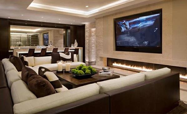 tyylikkäät olohuoneet asettavat ruskeat sohvat televisiot kattovalaistus