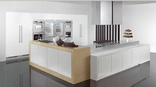 tyylikäs keittiö suunnittelee valkoista kiiltävää minimalismia