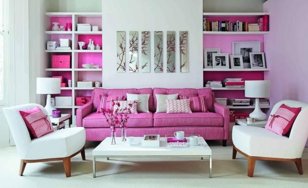 tyylikäs olohuoneen sisustus nojatuoli sohva design valkoinen vaaleanpunainen