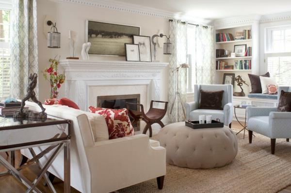 tyylikäs olohuoneen sisustus nojatuoli sohva design jakkara neutraali ruskea