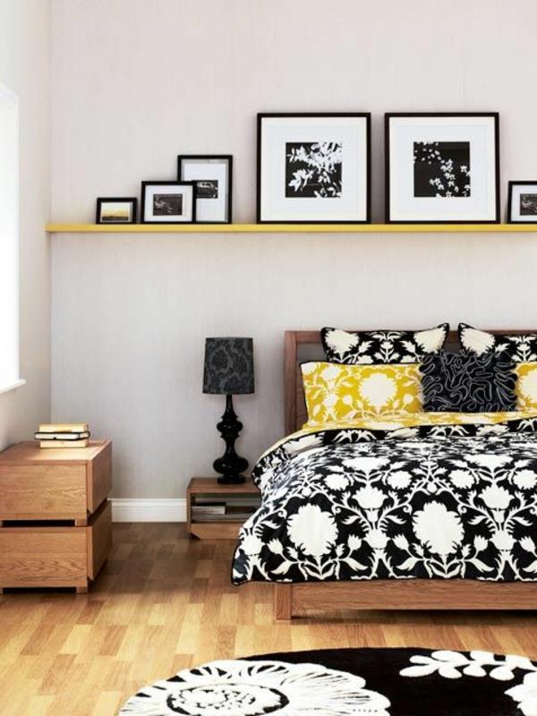 makuuhuoneen sisustusideoita musta valkoinen keltainen kukkakuvio sisustusideoita makuuhuoneeseen