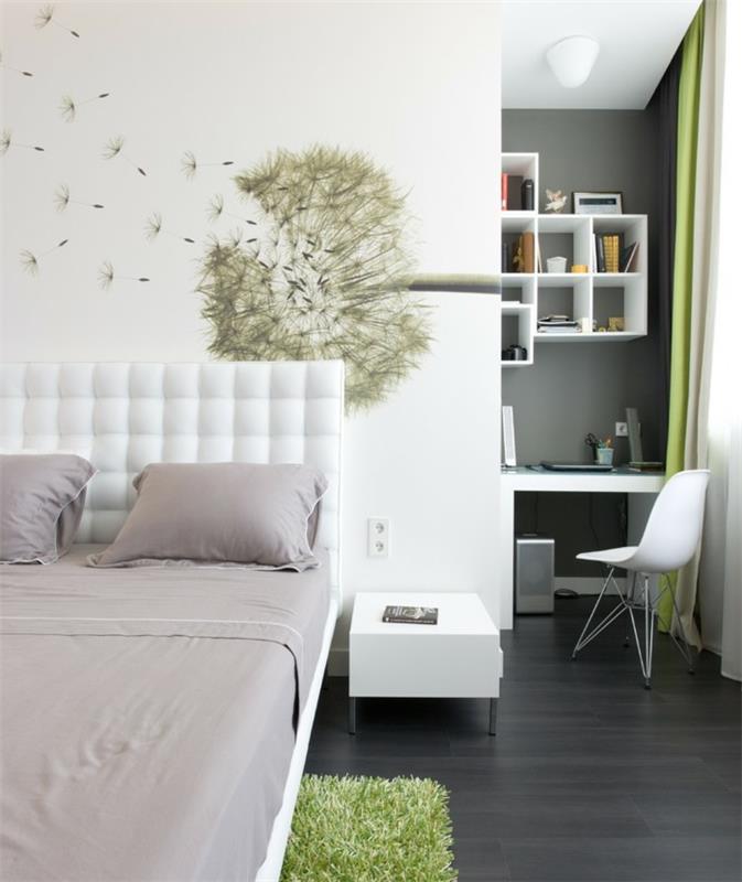 makuuhuoneen sisustusideoita seinän sisustus valkoiset seinät vihreä matto