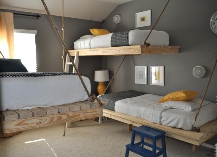 makuuhuoneen suunnittelu riippuvat sängyt lastenhuone harmaa seinän väri