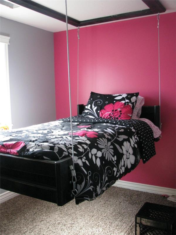 makuuhuoneen suunnittelu tyttöjen huoneen kalustus roikkuva sänky vaaleanpunainen seinäsuunnittelu