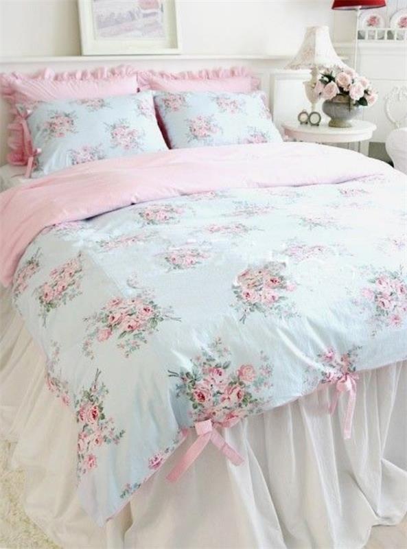 makuuhuoneen muotoilu nuhjuinen tyylikäs valkoinen vaaleanpunainen vaaleansininen