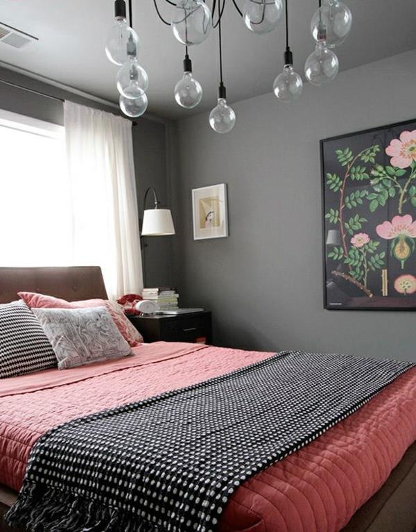 makuuhuoneen seinän väri harmaa sävyt riippuvalaisimet sänky