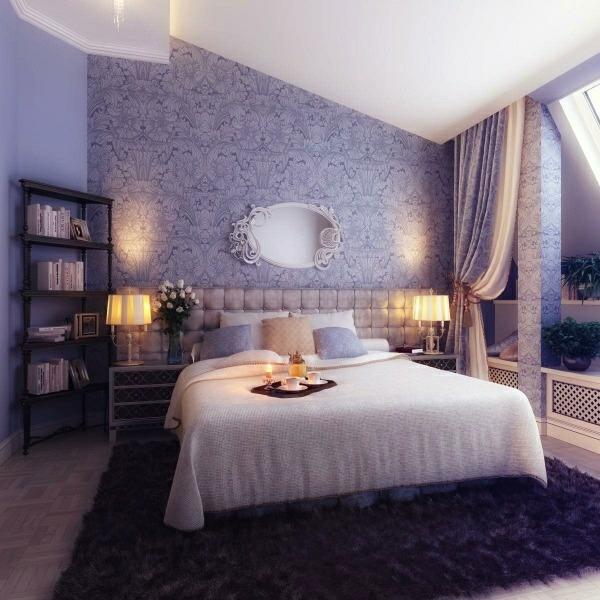 makuuhuoneen suunnitteluideoita violetti seinäsuunnittelu matto sänky