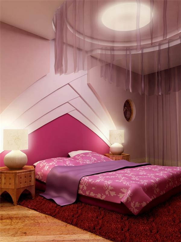 makuuhuoneen sisustusesimerkkejä epätavallinen sänky pääty punainen matto vaaleanpunainen seinä