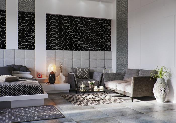 makuuhuoneen sisustusesimerkit harmaa lattialaatat sohva viileä seinän suunnittelu