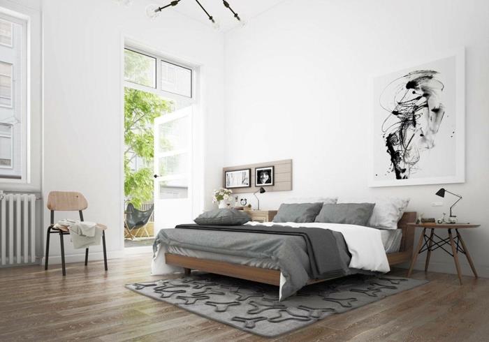 makuuhuoneen sisustusesimerkkejä skandinaavinen harmaa matto vuodevaatteet valkoiset seinät