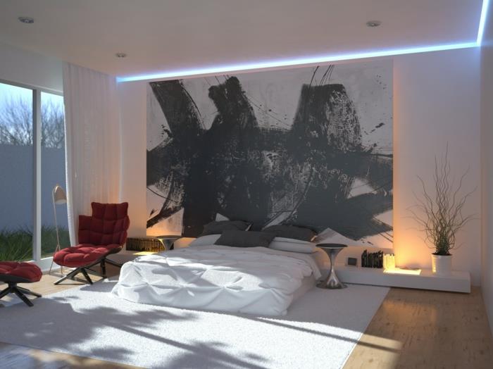 makuuhuoneen sisustusesimerkit valkoinen matto punainen rentoutua nojatuoli aksentti seinä