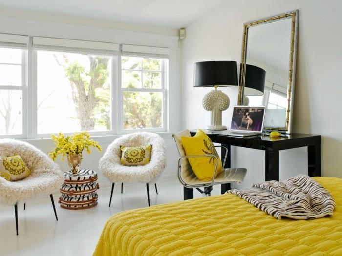 Makuuhuoneen sisustus Suunnittele moderni makuutila valkoiseksi ja keltaiseksi