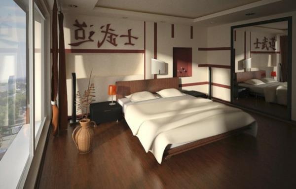 makuuhuoneen kalustus feng shui -tyylinen parivuode parketti maljakko