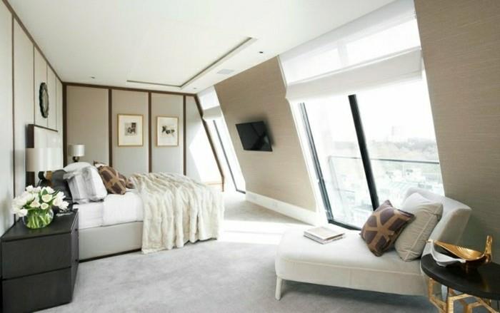 makuuhuoneen kalustus viisto katto tyylikäs sisustus rentoutumisalueella