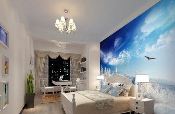 makuuhuoneen sisustus seinätaustakuva seinän suunnittelu valkoinen parivuode yöpöytä