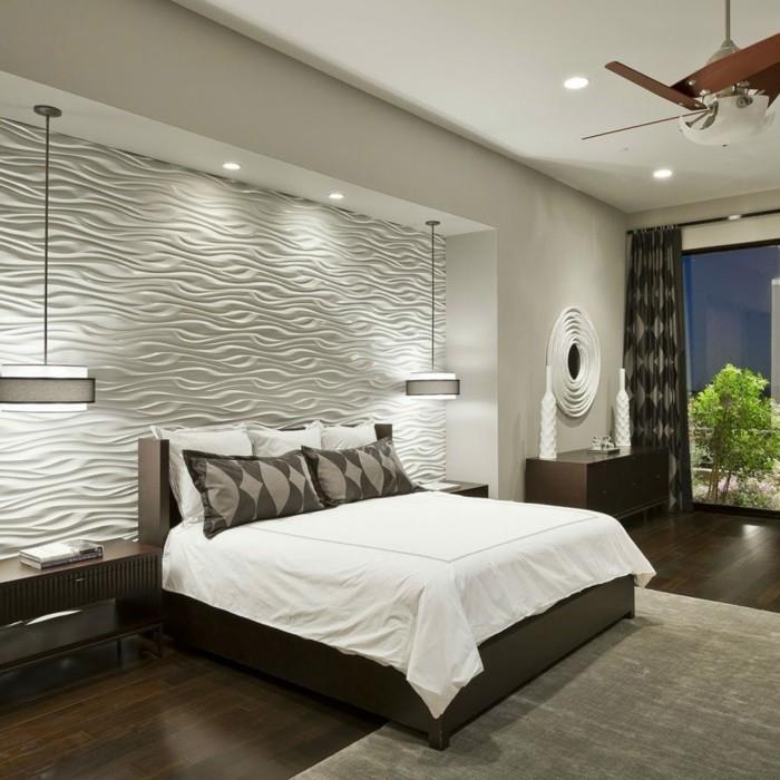 makuuhuoneen kalustus valkoinen ruskea kaunis tekstuuri aksentti seinä