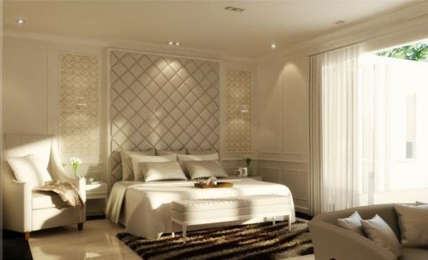 makuuhuoneen kalusteet valkoiset seinävärit huonekalut nojatuolit parivuode tyynyt matto