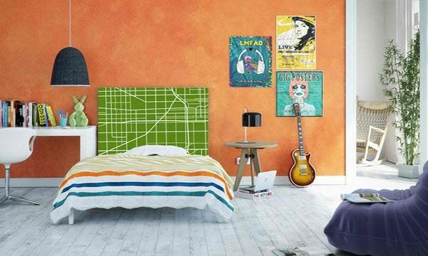 makuuhuoneen sisustusideoita sängynpäätyseinän väri oranssi seinäkoristeideoita