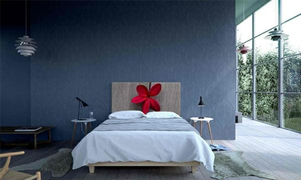 makuuhuoneen sisustusideoita sängynpäätyseinän seinämaalauksia puulattiamatot kukka