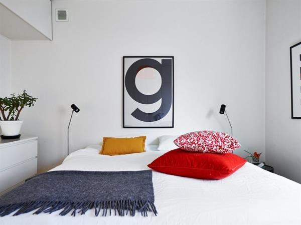 makuuhuoneen sisustusideoita skandinaavisia design -seinäsuunnitteluideoita heittää tyynyjä