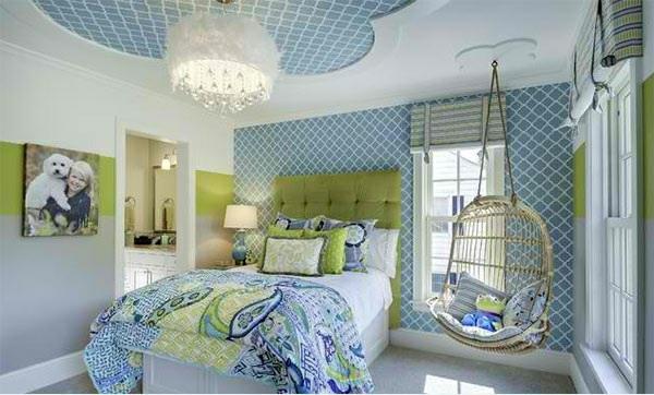 makuuhuoneen värit ideoita sininen ja vihreä katto väri seinän väri kuvio vuodevaatteet