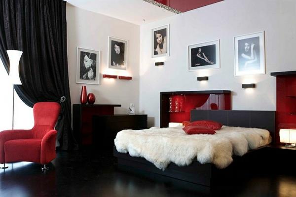 makuuhuoneen värit ideoita mustavalkoinen punainen sängyn kuvakehys