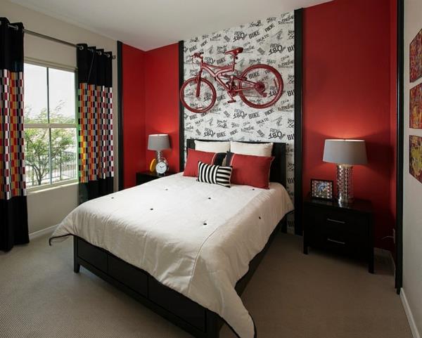 makuuhuoneen värit ideoita mustavalkoinen punainen seinäsuunnittelu verhot