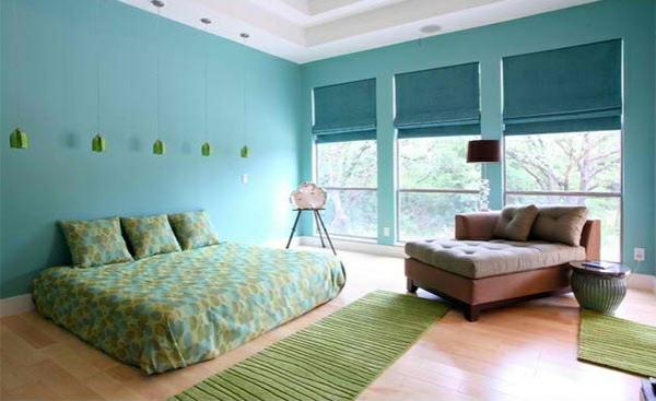 makuuhuoneen värit ideoita seinämaali sininen vuodevaatteet juoksijat vihreä