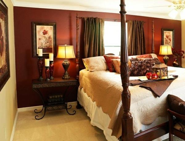 makuuhuoneen väriideat beige ruskea pylvässänky yöpöytä