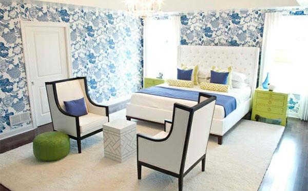 makuuhuoneen väriideat sininen valkoinen vihreä wabdgestaltung kuvioitu seinätaustakuva