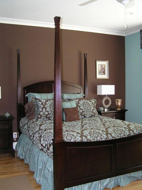 makuuhuoneen väriideat ruskea sininen pylvässänky